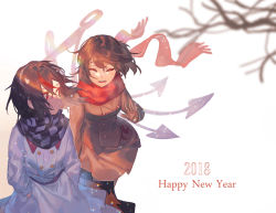 Rule 34 | 2018, 2girls, alternate costume, asymmetrical wings, black hair, brown gloves, buttons, checkered clothes, checkered scarf, closed eyes, coat, cone horns, gloves, grey horns, hands in pockets, happy new year, horns, houjuu nue, kijin seija, motsuba, multicolored hair, multiple girls, new year, outdoors, red eyes, red hair, red scarf, scarf, smile, snowing, streaked hair, touhou, waving, white hair, wind, wings, winter, winter clothes, winter coat