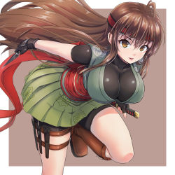 Rule 34 | 1girl, ahoge, bike shorts, boots, breasts, brown eyes, brown footwear, brown hair, cross-laced footwear, female focus, fingerless gloves, gloves, headband, knee boots, kunai, lace-up boots, large breasts, obi, original, outside border, sash, sheath, sheathed, simple background, skirt, solo, standing, standing on one leg, thigh strap, toriatto gununu, weapon