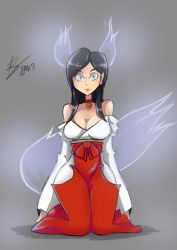 Rule 34 | 1girl, animal ears, ayamori miyako, bare shoulders, bell, bigdead, black hair, blue eyes, blue fire, borrowed character, breasts, choker, cleavage, fire, fox ears, fox tail, glowing, glowing eyes, japanese clothes, kneeling, large breasts, long hair, looking at viewer, miko, neck bell, off shoulder, pokini kagura, solo, tail
