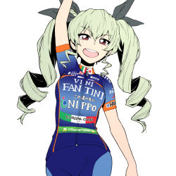 Rule 34 | 10s, 1girl, anchovy (girls und panzer), arm up, bike jersey, bike shorts, black ribbon, blue shirt, blue shorts, clothes writing, commentary request, cowboy shot, drill hair, girls und panzer, green hair, hair ribbon, highres, italian flag, italian text, japanese flag, logo, long hair, looking at viewer, muted color, onsen tamago (hs egg), open mouth, red eyes, ribbon, shirt, short sleeves, shorts, simple background, smile, solo, standing, translation request, twin drills, twintails, v-shaped eyebrows, white background, zipper, zipper pull tab