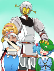 Rule 34 | 2girls, alice margatroid, arc system works, bad id, bad pixiv id, blonde hair, blue eyes, blue hair, blush, buront, capelet, character doll, clothed robot, crossover, doll, final fantasy, final fantasy xi, guilty gear, hair bobbles, hair ornament, hairband, hat, iwamasama, kawashiro nitori, multiple girls, parody, robo-ky, robot, short hair, the iron of yin and yang, touhou, twintails, two side up