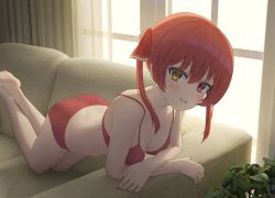 Rule 34 | 1girl, all fours, arm rest, bad id, bad pixiv id, barefoot, blush, bra, breasts, couch, curtains, feet, feet up, grin, heterochromia, highres, hololive, houshou marine, living room, long hair, looking at viewer, medium breasts, nail polish, on couch, panties, plant, red bra, red eyes, red hair, red nails, red panties, smile, solo, twintails, underwear, underwear only, virtual youtuber, window, yellow eyes, yihsien