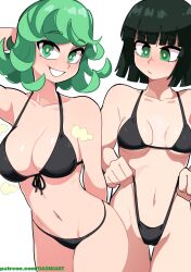 Rule 34 | 2girls, absurdres, alternate breast size, bare shoulders, bikini, black bikini, blunt bangs, blunt ends, breast size switch, breasts, breasts apart, cameltoe, collarbone, dashi (dashiart), flipped hair, foreshortening, front-tie bikini top, front-tie top, frontal wedgie, fubuki (one-punch man), green eyes, green hair, grin, highres, large breasts, leaning forward, leaning to the side, looking at another, looking at viewer, medium breasts, multiple girls, navel, one-punch man, patreon username, short hair, siblings, simple background, sisters, smile, string bikini, swimsuit, tatsumaki, thigh gap, thighs, watermark, web address