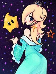 Rule 34 | 1girl, ass, bare shoulders, blonde hair, blue eyes, blush, crown, dress, earrings, from behind, highres, jewelry, long hair, looking at viewer, looking back, luma (mario), mario (series), nintendo, parted lips, raranuki, red lips, rosalina, solo, space, sparkle, star (sky), super mario galaxy, wand
