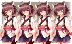 Rule 34 | 0 0, 1girl, animal ears, blue hakama, blue skirt, blush, border, brown background, brown cat, brown hair, cat ears, clenched hand, closed eyes, closed mouth, commentary request, cowboy shot, frown, full-face blush, hakama, hakama short skirt, hakama skirt, japanese clothes, kimono, long sleeves, obi, open mouth, outside border, parted lips, purple ribbon, raised eyebrows, red eyes, red sash, ribbon, sash, shiroino (shirayuki mutsuki), short hair, short kimono, skirt, sleeves past wrists, tachi-e, touhoku kiritan, variations, voiceroid, waist ribbon, wavy mouth, white border, white kimono, white sleeves, wide sleeves, yukata