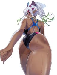 Rule 34 | 1girl, absurdres, artist name, ass, bare arms, bare shoulders, clenched hand, commentary request, competition swimsuit, dark-skinned female, dark skin, dutch angle, elf, facial mark, from behind, gradient hair, green hair, highres, long hair, looking at viewer, looking back, mi mi ham, multicolored hair, one-piece swimsuit, open mouth, original, pointy ears, purple eyes, rikka (mi mi ham), shiny skin, sidelocks, signature, simple background, solo, sweat, sweatdrop, swimsuit, thighs, white background