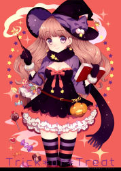 Rule 34 | 1girl, belt, black dress, black gloves, black scarf, blonde hair, book, breasts, candy, checkerboard cookie, cleavage, cookie, crop top, dress, earrings, food, frilled dress, frills, gloves, halloween, hat, hat ribbon, jack-o&#039;-lantern, jacket, jewelry, lollipop, original, patterned legwear, pink background, pumpkin, purple eyes, purple jacket, ribbon, scarf, small breasts, smile, solo, star (symbol), star earrings, stick, striped clothes, striped thighhighs, swirl lollipop, thighhighs, trick or treat, wand, wasabi (sekai), witch, witch hat, zettai ryouiki