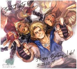 Rule 34 | 1girl, 2boys, 80yakky, absurdres, black gloves, blonde hair, blue eyes, blue hoodie, blue nails, braid, braided ponytail, capcom, chinese clothes, closed eyes, colored tips, commentary, commentary request, copyright name, cropped jacket, dark-skinned female, dark skin, dated, dog tags, double v, english commentary, fingerless gloves, fingernails, gloves, grin, hairband, happy, happy birthday, highres, hood, hoodie, index fingers together, jacket, jamie siu, kimberly jackson, laughing, long hair, luke sullivan, lying, mixed-language commentary, multicolored hair, multiple boys, muscular, muscular male, nail polish, on back, open clothes, pectorals, quad braids, red gloves, red jacket, scar, scar across eye, scarf, short hair, single braid, smile, street fighter, street fighter 6, tangzhuang, v, very dark skin, yellow hairband