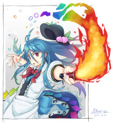 Rule 34 | &gt;:(, 1girl, black hat, blue hair, blue skirt, bow, bowtie, breasts, collared shirt, dated, food, foreshortening, frilled skirt, frills, from side, frown, fruit, hat, hinanawi tenshi, holding, holding sword, holding weapon, leaf, long hair, looking at viewer, looking to the side, mumyuu, parted lips, peach, pointing, pointing at viewer, puffy short sleeves, puffy sleeves, rainbow order, red bow, red bowtie, red eyes, shirt, short sleeves, signature, skirt, small breasts, solo, sword, sword of hisou, touhou, unworn hat, unworn headwear, upper body, v-shaped eyebrows, weapon, white shirt, wing collar