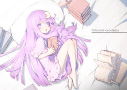 Rule 34 | absurdres, barefoot, book, character name, commentary request, crescent, crescent hair ornament, day, dress, frilled dress, frilled sleeves, frills, fukutchi, hair between eyes, hair ornament, highres, holding, holding book, long hair, no headwear, no headwear, on bed, pajamas, patchouli knowledge, pillow, purple dress, purple eyes, purple hair, touhou