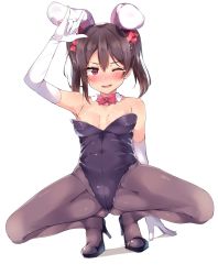 Rule 34 | 1girl, absurdres, animal ears, black footwear, black hair, black leotard, black pantyhose, bow, bowtie, detached collar, elbow gloves, fake animal ears, full body, gloves, gluteal fold, high heels, highres, leotard, love live!, love live! school idol project, m/, nipple slip, nipples, one eye closed, pantyhose, playboy bunny, popii (yuuta679), rabbit ears, red bow, red bowtie, red eyes, simple background, solo, squatting, strapless, strapless leotard, twintails, white background, white gloves, yazawa nico