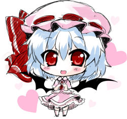 Rule 34 | 1girl, bad id, bad pixiv id, bat wings, blue hair, blush, bow, brooch, chibi, commentary request, fang, fingers together, frills, hat, hat bow, heart, jewelry, mob cap, noai nioshi, open mouth, petticoat, red eyes, remilia scarlet, shoes, short hair, short sleeves, sketch, skirt, skirt set, socks, solo, touhou, wings