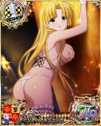 Rule 34 | 1girl, asia argento, ass, bishop (chess), blonde hair, blunt bangs, blunt ends, card (medium), chess piece, corset, covering breasts, covering privates, female focus, green eyes, high school dxd, high school dxd pi, lingerie, long hair, looking at viewer, official art, panties, smile, solo, thong, tongue, tongue out, torn clothes, torn corset, torn panties, underwear, white panties