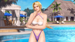 Rule 34 | 1girl, 3d, bare arms, bare legs, bare shoulders, bikini, blonde hair, blue eyes, breasts, chair, cleavage, criss-cross halter, dead or alive, dead or alive xtreme 3 fortune, dead or alive xtreme beach volleyball, female focus, halterneck, head tilt, helena douglas, highleg, large breasts, legs, lips, lipstick, long hair, looking at viewer, makeup, navel, neck, official art, outdoors, palm tree, ponytail, pool, resort, sky, smile, solo, standing, swimsuit, table, tecmo, tree, underboob, water