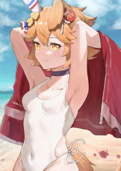 Rule 34 | + +, 1girl, absurdres, alternate costume, animal ears, armpits, arms up, beach, black choker, blue sky, breasts, chinese commentary, choker, cloud, cloudy sky, clover hair ornament, collarbone, commentary request, daruma doll, ear covers, flipped hair, four-leaf clover hair ornament, hair between eyes, hair ornament, highleg, highleg swimsuit, highres, horse ears, horse girl, horse tail, jacket, looking at viewer, matikanefukukitaru (umamusume), one-piece swimsuit, orange eyes, orange hair, outdoors, owl (ddap), red jacket, sand, single ear cover, sky, small breasts, solo, swimsuit, tail, track jacket, umamusume, white one-piece swimsuit
