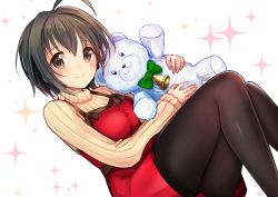Rule 34 | 1girl, ahoge, bell, black hair, black pantyhose, blush, bow, brown eyes, closed mouth, commentary request, dress, green bow, hair between eyes, hair intakes, holding, holding stuffed toy, idolmaster, idolmaster cinderella girls, kohinata miho, long sleeves, looking at viewer, md5 mismatch, pantyhose, red dress, resolution mismatch, short hair, sleeves past wrists, smile, solo, source smaller, sparkle, stuffed animal, stuffed toy, sweater, teddy bear, thighband pantyhose, u rin, white background