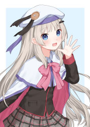 Rule 34 | 1girl, :d, aqua background, beret, black jacket, black ribbon, blazer, blue eyes, blush, border, bow, cape, commentary, cowboy shot, fangs, grey hair, grey skirt, hand up, happy, hat, hat ribbon, highres, jacket, kirima (zs at ), little busters!, little busters! school uniform, long hair, long sleeves, looking at viewer, noumi kudryavka, open hand, open mouth, pink bow, plaid, plaid skirt, ribbon, school uniform, sidelocks, simple background, skirt, smile, solo, straight hair, very long hair, waving, white border, white cape, white hat
