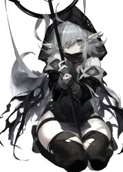 Rule 34 | 1girl, absurdres, ahoge, arknights, bad id, bad twitter id, bare shoulders, black thighhighs, crocodilian tail, detached sleeves, glasses, grey hair, highres, holding, holding staff, hood, inumata ichini, large tail, long hair, long sleeves, looking at viewer, pale skin, pointy ears, seiza, side slit, simple background, sitting, solo, staff, tail, thick thighs, thighhighs, thighs, tomimi (arknights), torn clothes, torn thighhighs, white background, wide hips, yellow eyes