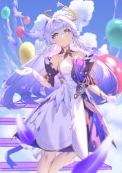 Rule 34 | 1girl, aqua eyes, balloon, bare shoulders, bird, blue sky, choker, cloud, commentary, day, detached sleeves, dress, facial mark, feet out of frame, highres, honkai: star rail, honkai (series), lan qiandai, long hair, looking at viewer, outdoors, purple choker, purple hair, robin (honkai: star rail), short sleeves, sky, smile, solo, standing, strapless, strapless dress, very long hair, white dress