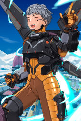 Rule 34 | 1girl, ^ ^, apex legends, apmix, armor, blush, boots, breastplate, closed eyes, cloud, closed eyes, flying, gloves, grey hair, highres, in-universe location, jetpack, armored boots, olympus (apex legends), orange gloves, short hair, sky, smile, solo, thigh boots, thighhighs, valkyrie (apex legends)