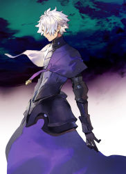 Rule 34 | 1boy, ahoge, armor, bad id, bad pixiv id, black armor, black gloves, cape, closed mouth, fate/grand order, fate (series), galahad (fate), gloves, hair between eyes, hair over one eye, itefu, knight, looking away, male focus, purple cape, short hair, solo, spiked hair, white hair, yellow eyes