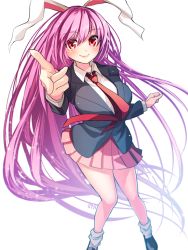 Rule 34 | 1girl, 8931ponzu, animal ears, blazer, blouse, collared shirt, jacket, long hair, long sleeves, necktie, pink skirt, pointing, purple hair, rabbit ears, rabbit girl, rabbit tail, red eyes, red necktie, reisen udongein inaba, shirt, shoes, simple background, skirt, solo, tail, touhou, very long hair, white background, white shirt