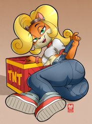 Rule 34 | 1girl, ass, blonde hair, breasts, cameltoe, coco bandicoot, come hither, crash bandicoot (series), crate, explosive, fangs, furry, goggles, goggles on head, green eyes, highres, large breasts, long hair, looking at viewer, naughty face, onzeno, open mouth, overalls, ponytail, shirt, sitting, smile, solo, teasing, tnt, underboob, yokozuwari
