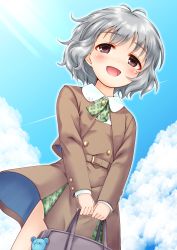 Rule 34 | 1girl, :d, bag, bag charm, blue sky, blush, brown dress, brown eyes, brown jacket, charm (object), cloud, collared shirt, commentary request, day, dress, green neckwear, grey hair, highres, holding, holding bag, idolmaster, idolmaster cinderella girls, jacket, looking at viewer, mole, mole under eye, narumiya yume, open mouth, outdoors, partial commentary, plaid neckwear, regular mow, school bag, school uniform, shirt, sky, smile, solo, stuffed animal, stuffed toy, teddy bear, white shirt