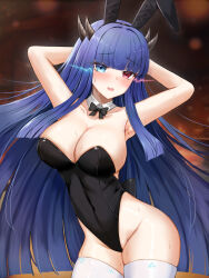 Rule 34 | 1girl, alternate costume, animal ears, armpits, arms behind head, arms up, azur lane, bare arms, bare shoulders, black hairband, black leotard, blue eyes, blue hair, blunt bangs, blurry, bokeh, bow, bowtie, breasts, cleavage, covered navel, cowboy shot, depth of field, detached collar, fake animal ears, habu rin, hairband, heterochromia, highleg, highleg leotard, highres, horns, ibuki (azur lane), large breasts, leotard, long hair, looking at viewer, open mouth, playboy bunny, rabbit ears, red eyes, skindentation, solo, standing, strapless, strapless leotard, sweat, thighhighs, very long hair, white thighhighs
