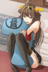 Rule 34 | 10s, 1girl, animated, animated png, brown hair, derivative work, female focus, hair ornament, japanese clothes, kantai collection, kaze (kazesan), kongou (kancolle), long hair, long sleeves, miko, nontraditional miko, hugging object, open mouth, pillow, pillow hug, rane (etsu), sitting, solo, text focus, thighhighs, translated, very long hair, wide sleeves, zettai ryouiki