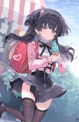 Rule 34 | 1girl, absurdres, backpack, bag, black hair, black skirt, black thighhighs, blush, character print, dohyo123123, highres, holding, holding ice cream cone, ice cream cone, idolmaster, idolmaster shiny colors, jirai kei, kuromi, long sleeves, looking at viewer, mask, mayuzumi fuyuko, mint chocolate, mouth mask, outdoors, pink mask, pink shirt, randoseru, red bag, shirt, skirt, solo, standing, standing on one leg, thighhighs, two side up