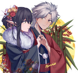Rule 34 | 1boy, 1girl, amakusa shirou (fate), bamboo, black hair, black kimono, couple, earrings, fate/apocrypha, fate (series), flower, fur trim, hair between eyes, hair flower, hair ornament, hair up, highres, japanese clothes, jewelry, kimono, liangchanxingmingrixiang, long hair, looking at another, obi, parted bangs, pointy ears, pom pom (clothes), red flower, sash, semiramis (fate), short hair, smile, upper body, white hair, wide sleeves, yellow eyes, yellow flower