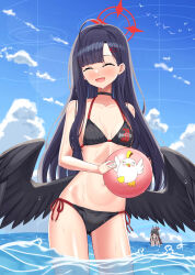 Rule 34 | 2girls, absurdres, aura, ball, beachball, bikini, black bikini, black choker, black hair, black wings, blue archive, blue sky, breasts, choker, closed eyes, cloud, dark aura, hair ornament, hairclip, halo, happycloud, highres, holding, holding ball, holding beachball, ichika (blue archive), long hair, low wings, multiple girls, open mouth, peroro (blue archive), side-tie bikini bottom, sky, small breasts, smile, standing, stomach, swimsuit, tsurugi (blue archive), tsurugi (swimsuit) (blue archive), water, wings