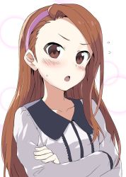 Rule 34 | 1girl, asymmetrical bangs, blush, bow, brown eyes, brown hair, collarbone, crossed arms, hair bow, idolmaster, idolmaster (classic), long hair, long sleeves, minase iori, open mouth, purple bow, shirt, shuucream (syuichi), simple background, solo, standing, sweatdrop, very long hair, white background, white shirt