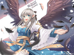 Rule 34 | 1girl, arch bishop (ragnarok online), blue dress, blue eyes, blush, bow, breasts, brown bow, brown wings, cleavage, cleavage cutout, clothing cutout, commentary, cowboy shot, cross, dress, feathered wings, feathers, frilled thighhighs, frills, grey hair, hair bow, juliet sleeves, large breasts, long hair, long sleeves, looking at viewer, mizonaki, open mouth, pointy ears, puffy sleeves, ragnarok online, sash, smile, solo, thighhighs, two-tone dress, watermark, web address, white dress, white thighhighs, wings, yellow sash