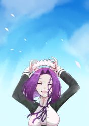 Rule 34 | 10s, 1girl, bad id, bad pixiv id, boushi-ya, day, closed eyes, hair intakes, halo, happy, head wreath, highres, kantai collection, md5 mismatch, open mouth, petals, short hair, sky, solo, tatsuta (kancolle), tears, upper body, wind