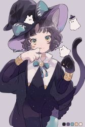 Rule 34 | 1girl, animal ears, animal hands, armband, artist name, black hair, bow, cat ears, cat girl, cat tail, choker, clothing request, color guide, commentary request, copyright request, floating, ghost, green eyes, hat, highres, jikuno, looking at viewer, mole, mole under eye, multicolored eyes, neckwear request, see-through, short hair, skindentation, solo, tagme, tail, thighhighs, whiskers, witch hat, yellow eyes