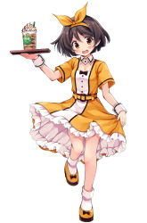 Rule 34 | 1girl, alternate color, alternate costume, bow, brown hair, clothes lift, dessert, detached collar, dress, dress lift, food, full body, green footwear, hairband, kantai collection, odawara hakone, short hair, short sleeves, simple background, socks, solo, standing, tanikaze (kancolle), two-tone dress, waitress, white background, white socks, wrist cuffs, yellow dress, yellow eyes, yellow footwear