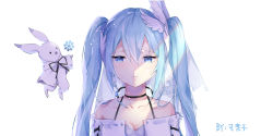 Rule 34 | absurdres, artist name, bare shoulders, blue eyes, blue hair, breasts, capelet, chinese commentary, cleavage, collarbone, commentary request, dress, feather hair ornament, feathers, floating, hair ornament, hatsune miku, highres, kelezi, light, long hair, looking to the side, parted lips, rabbit, rabbit yukine, snow rabbit, snowflake print, snowflakes, spaghetti strap, tears, twintails, upper body, veil, vocaloid, white background, white dress, yuki miku, yuki miku (2018) (candidate no.5)