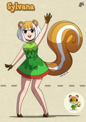 Rule 34 | 1girl, :d, animal crossing, animal ears, arm up, artist name, bad id, bad twitter id, bare arms, bare shoulders, black eyes, blunt bangs, breasts, brown footwear, brown gloves, character name, contrapposto, dress, full body, furry, gloves, green dress, highres, humanization, kinkymation, leaf print, multicolored clothes, multicolored dress, multiple views, nintendo, open mouth, outstretched arm, red dress, shoes, short hair, sleeveless, sleeveless dress, smile, squirrel, squirrel ears, squirrel girl, squirrel tail, standing, sylvana (animal crossing), tail, teeth, thick eyebrows, upper teeth only