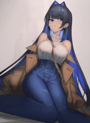 Rule 34 | 1girl, absurdres, blue eyes, blue hair, blunt bangs, breasts, colored inner hair, commentary, denim, glasses, hair intakes, high-waist pants, highres, hololive, hololive english, jeans, katsu (katsuslider), large breasts, long hair, long sleeves, multicolored hair, official alternate costume, official alternate hair length, official alternate hairstyle, ouro kronii, ouro kronii (casual), pants, shirt, smile, solo, virtual youtuber, white shirt
