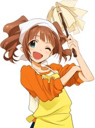 Rule 34 | 1girl, adobeking, apron, aqua eyes, brown hair, cleaning, duster, female focus, head scarf, idolmaster, idolmaster (classic), md5 mismatch, one eye closed, open mouth, simple background, sleeves pushed up, smile, solo, takatsuki yayoi, twintails, upper body, white background, wink
