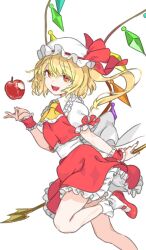 Rule 34 | 1girl, :d, apple, ascot, back bow, blonde hair, bobby socks, bow, breasts, crystal, fang, flandre scarlet, food, foot out of frame, frilled shirt collar, frills, fruit, haimura kiyotaka, hair between eyes, hand up, hat, holding, looking at viewer, mob cap, one side up, open mouth, petticoat, red eyes, red skirt, red vest, short hair, short hair with long locks, skirt, skirt set, sleeves past wrists, small breasts, smile, socks, solo, standing, standing on one leg, touhou, vest, wings, yellow ascot