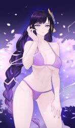 Rule 34 | 1girl, bare shoulders, bikini, braid, breasts, cherry blossoms, cleavage, collarbone, electricity, flower, gabriel carrasquillo, genshin impact, hair flower, hair ornament, hand on own thigh, hand up, highres, large breasts, long hair, looking at viewer, low-braided long hair, low-tied long hair, mole, mole under eye, navel, parted lips, purple bikini, purple eyes, purple hair, purple nails, raiden shogun, solo, sweatdrop, swept bangs, swimsuit, thighs, underboob, very long hair