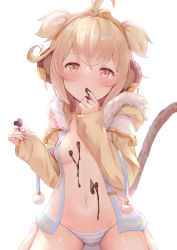 Rule 34 | 1girl, ahoge, alternate costume, andira (granblue fantasy), animal ears, blonde hair, blue panties, breasts, brown eyes, chocolate, chocolate on body, chocolate on breasts, chocolate on hand, drawstring, erune, finger to mouth, food on body, food on hand, fur trim, granblue fantasy, highres, hood, hoodie, kimblee, long sleeves, looking at viewer, monkey ears, monkey tail, navel, open clothes, open hoodie, panties, short hair, simple background, sitting, small breasts, solo, stomach, striped clothes, striped panties, tail, tiara, underwear, white background