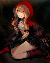Rule 34 | 1girl, :d, black dress, black skirt, blonde hair, blunt bangs, blush, boots, breasts, cloak, detached collar, dress, eyes visible through hair, frilled skirt, frills, full body, grin, hair ribbon, hand up, highres, holding, holding own hair, hood, knee boots, legs, lips, long hair, long sleeves, looking at viewer, low tied hair, open mouth, orange eyes, pink lips, red footwear, red hood, red ribbon, red riding hood (sinoalice), ribbon, seiza, sinoalice, sitting, skirt, small breasts, smile, solo, teeth, walzrj