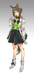 Rule 34 | 1girl, animal ears, ankle boots, boots, bow, bowtie, buttons, double-breasted, fine motion (umamusume), flower, full body, gloves, gradient background, green skirt, green vest, grey background, grin, hair flower, hair ornament, hand up, high heel boots, high heels, highres, horse ears, horse tail, looking at viewer, ponytail, ruukii drift, skirt, smile, socks, solo, tail, umamusume, vest, white gloves, white socks
