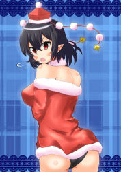 Rule 34 | 1girl, adapted costume, ass, bare shoulders, black hair, black panties, blush, breasts, embarrassed, female focus, from behind, hat, heka=ton, looking at viewer, looking back, open mouth, panties, pointy ears, pom pom (clothes), red eyes, santa costume, shameimaru aya, solo, star (symbol), tokin hat, touhou, underwear