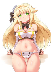 Rule 34 | 1girl, adapted costume, aurora (azur lane), azur lane, bare shoulders, bikini, black bow, blonde hair, blush, bow, breasts, cleavage, commentary request, covered erect nipples, cowboy shot, detached collar, detached sleeves, gluteal fold, green eyes, hair flaps, long hair, looking at viewer, medium breasts, navel, oborogumo takamitsu, simple background, smile, solo, swimsuit, thigh gap, very long hair, white background, white bikini