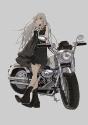 Rule 34 | 1girl, absurdres, ankle boots, bad id, bad pixiv id, bare shoulders, black dress, black footwear, boots, breasts, brown eyes, choker, cross-laced footwear, dress, full body, grey background, grey hair, highres, lace-up boots, layered dress, long hair, looking at viewer, motor vehicle, motorcycle, original, parted lips, pleated dress, signature, simple background, sleeveless, sleeveless dress, small breasts, solo, standing, very long hair, zhibuji loom